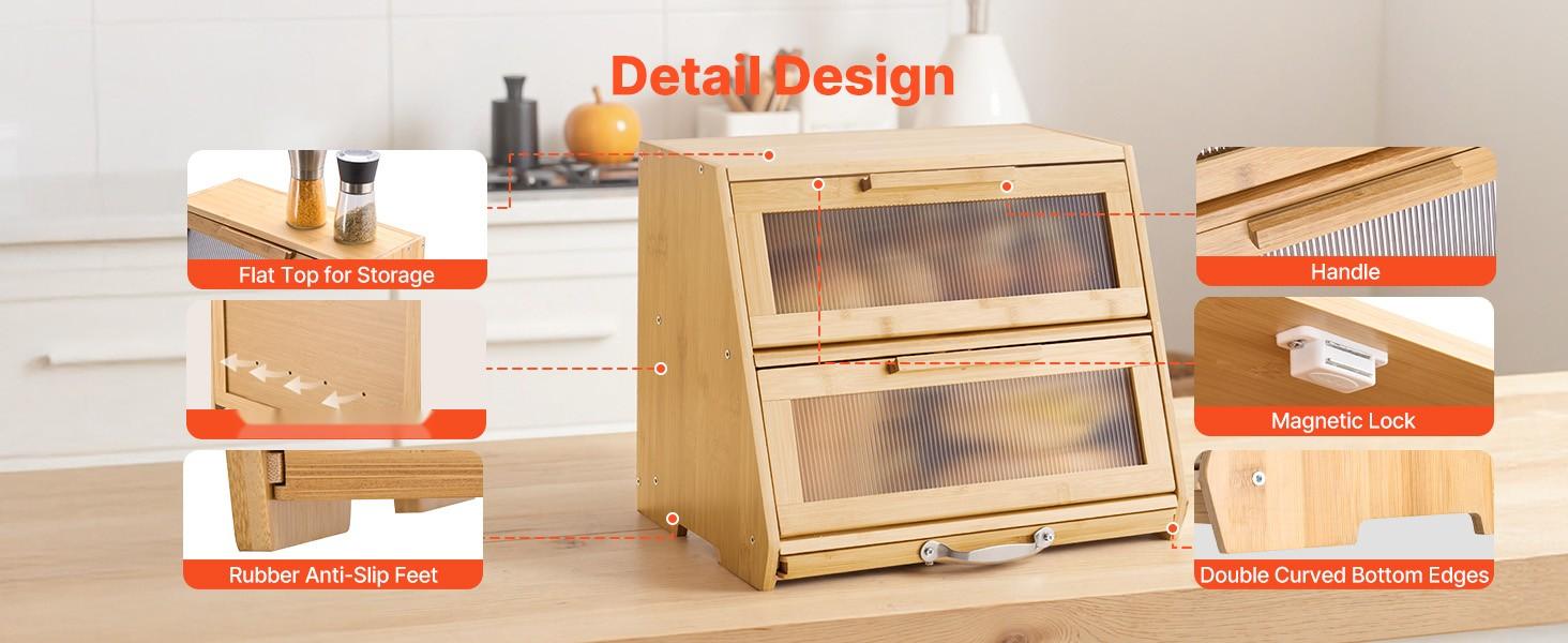 Double Layer Bread Box For Kitchen Counter - Bamboo Storage Container Natural Finish, Two-Tier, Airtight Seal, Stackable Pantry Organizer, Eco-Friendly Natural Bamboo Bread Keeper, Countertop Organization And Fresh Bread Storage