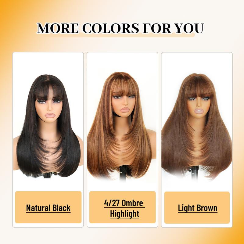 [Blend]Glueless Straight Layered Wigs with Bangs Wear and Go 6x4 Lace Front Wig ,Pre Style Realistic Look with True Scalp Tiny Knots 220% Density