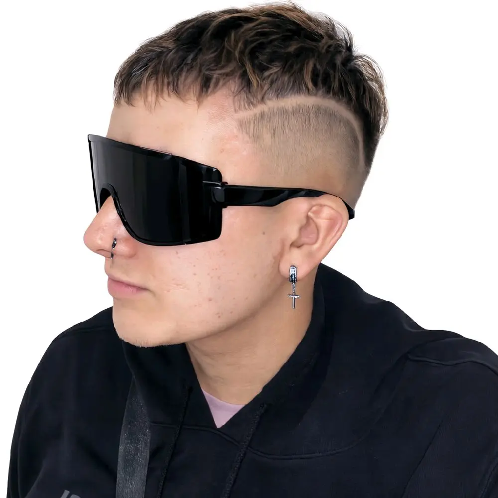 Retro 1980s-style Sports Sunglasses Oversized Black Frames and Lenses for Bold Look