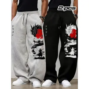 Men's 2-Piece Dragon Print Loose Drawstring Sport Pants, Adjustable Waist, Outdoor Fitness Long Pants, Casual Straight Leg
