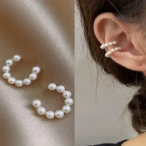 Spring new earrings -1 Pair Imitation pearl Ear Cuff Clip Earrings Non-Piercing Bone C-shaped Ear Ring Without Puncture Minimalist Earrings for Women Fashion Jewelry Birthday gift for daily wear(The number of beads is random)