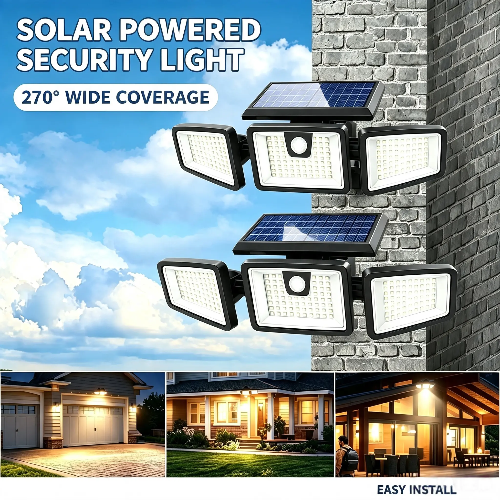 2-Pack 216-LED Solar Security Flood Light - Motion Sensor, Remote Control, 3 Adjustable Light Heads, IP65 Waterproof Outdoor Solar Lamp For Outdoor Spaces, Garage, Porch, Solar Outdoor Lights, 2400LM Output