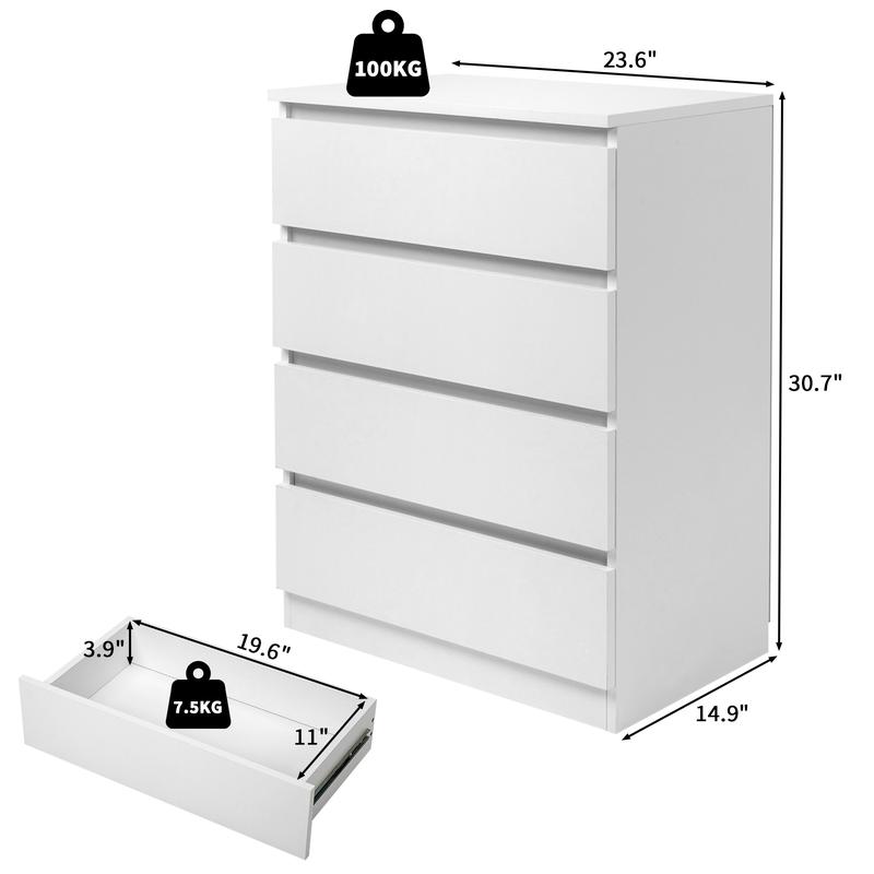 Spaco 4 Drawer Dresser, White Dresser Modern Storage Chest of Drawers 23.6L x 14.9W x 30.7H in, White Storage Cabinet with 4 Drawers for Home Office
