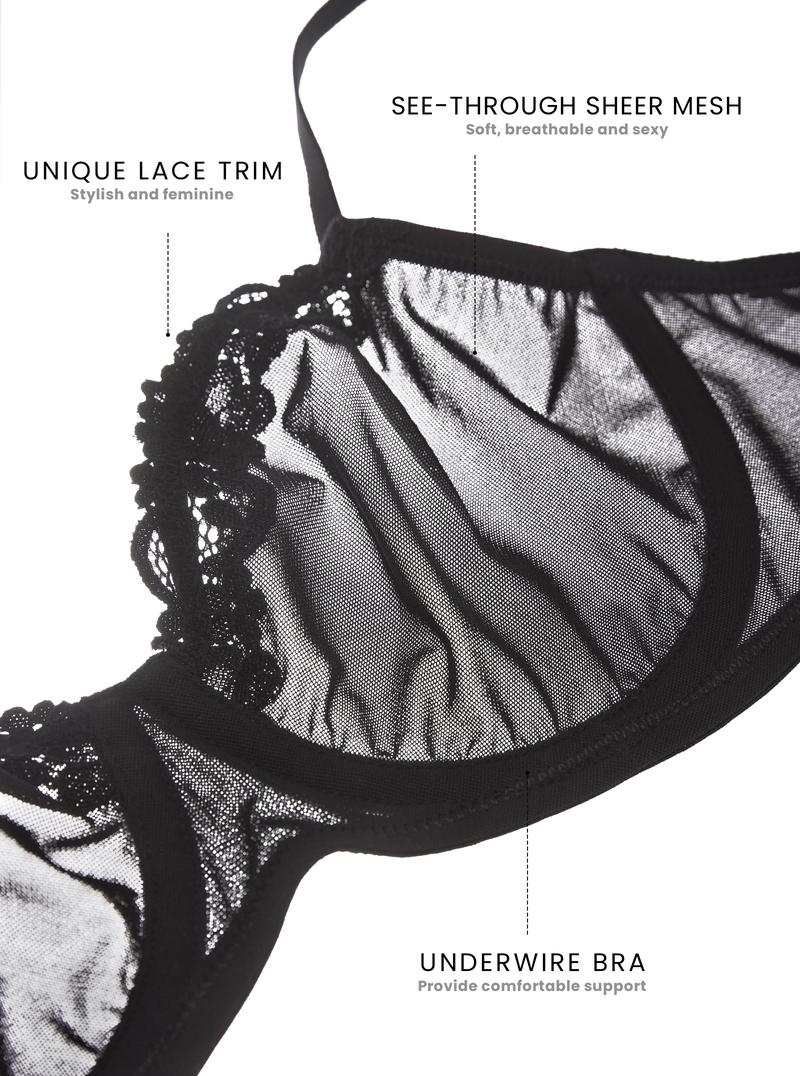 DOBREVA Women's Sheer Mesh Balconette Bra Sexy Unlined Demi Underwire Bras Lace Plus Size