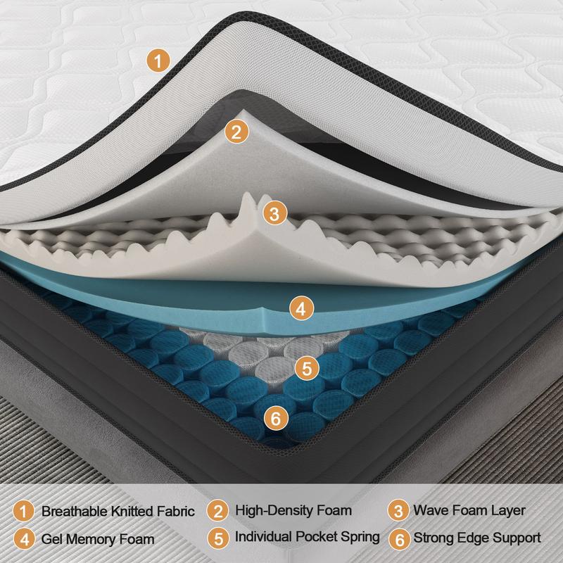 12/14 Inch Memory Foam Mattress Hybrid Pocket Spring Twin Full Queen King Mattress In A Box -Euro Top Mattresses Medium Firm For Motion Isolation, Edge Support, 100 Night Trial