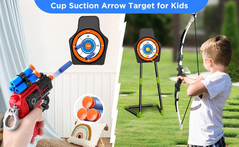 VATOS 2 Pack Bow and Arrow Toy for 5 6 7 8 9 10 11 Year Old Boys Girls, Light Up Archery Toy with Cup Suction Standing Target & 29 in Dart Board, Indoor Outdoor Activity Toys Birthday