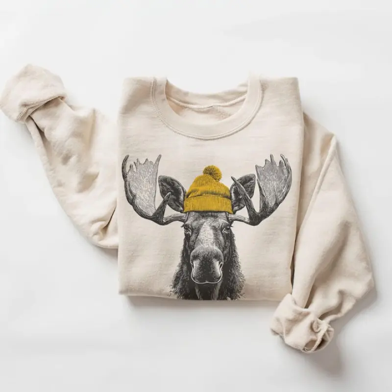 Bull Moose Wearing Beanie Sweatshirt – Mountain Wildlife Crewneck, Camping & Hiking Gift, Retro 90s Unisex Animal Outdoors Pullover