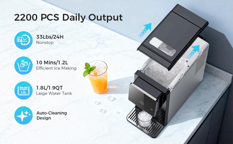 Cowsar Countertop Nugget Ice Maker, Self-Cleaning Portable Ice Machine, 33 lb/24H, 1.8L Water Tank, 1.5 lb Ice Storage, Touch Screen & Auto Ice Drop, for Home/Office/Kitchen
