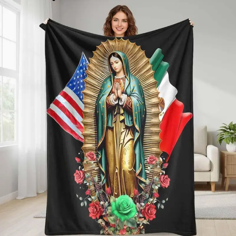Virgin Mary Flannel Throw Blanket, Soft Warm Lightweight with USA-Mexico Flag Floral Print, Ideal for Home Decor, Church Gatherings and Gifting to Loved Ones