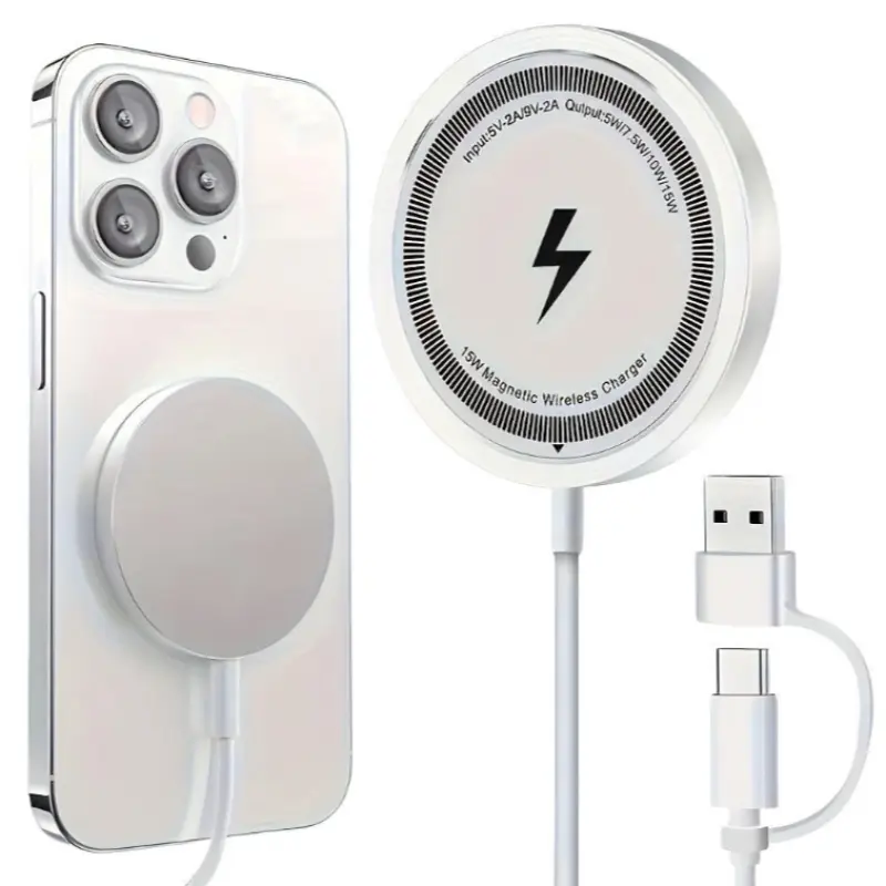 15w Magnetic Wireless Charger Fast Charging Compatible with iPhone Samsung Huawei Lg, Qc PD Standard Round Shape, Type C Charging