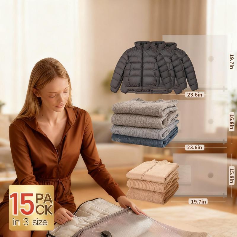 Cordless Travel Vacuum Storage Compression Bag Set 15 Pack -Vacuum Bags for Travel with Rechargeable air Pump，for Luggage and Suitcase, Space Saver for Clothes and Clothing Travel Zipper Pouches（An additional manual air pump is included as a free gift）