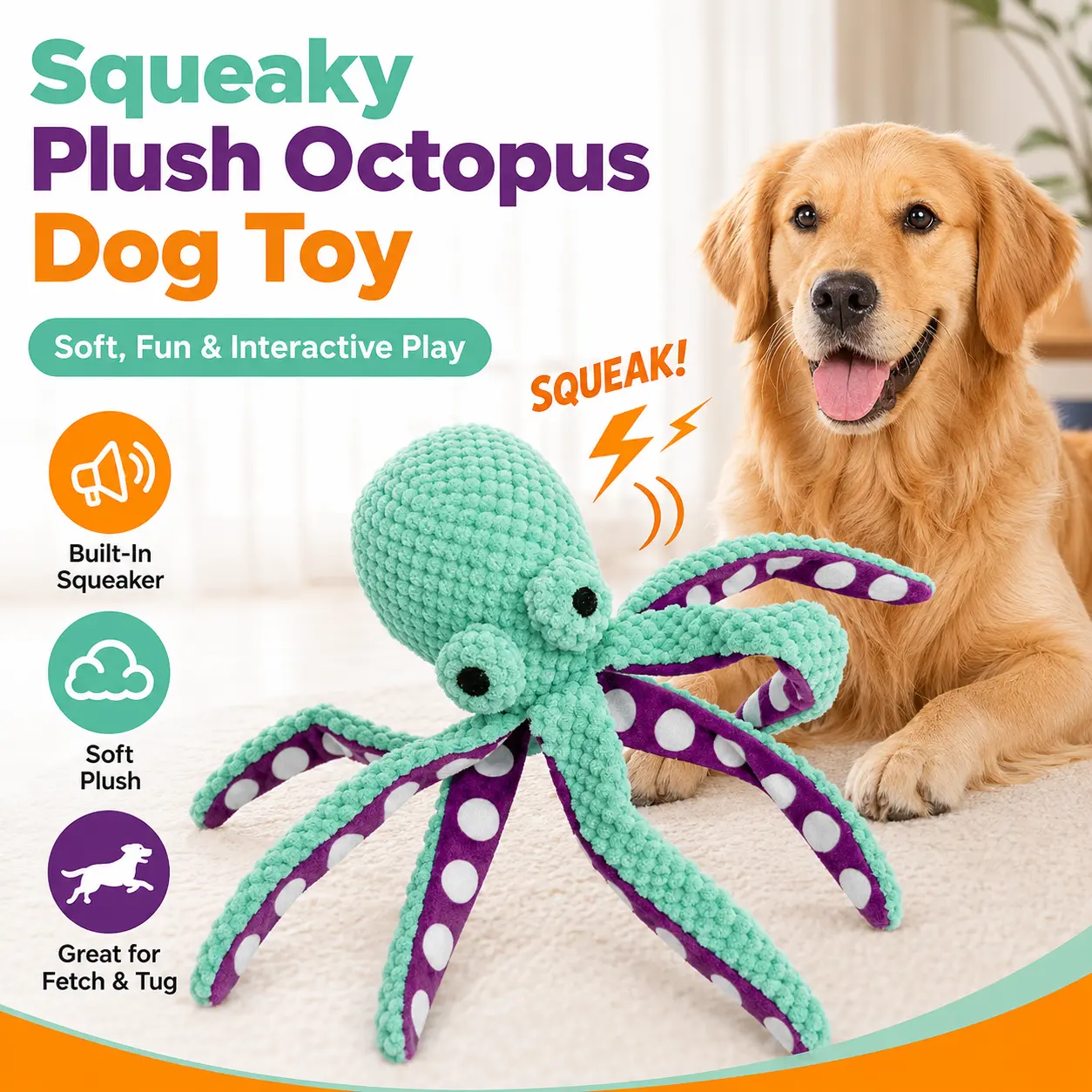Squeaky plush octopus dog toy suitable for puppies and small to medium dogs; soft fabric interactive pet toy with a built-in sound device—ideal as a training reward toy for fetching, play, and everyday companionship.