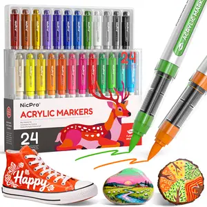 Nicpro Acrylic Paint Markers Set Water-Based Brush Tip Pens with Auto Ink Control for Rock Glass Craft Ceramic Christmas Gift for Teens Kids