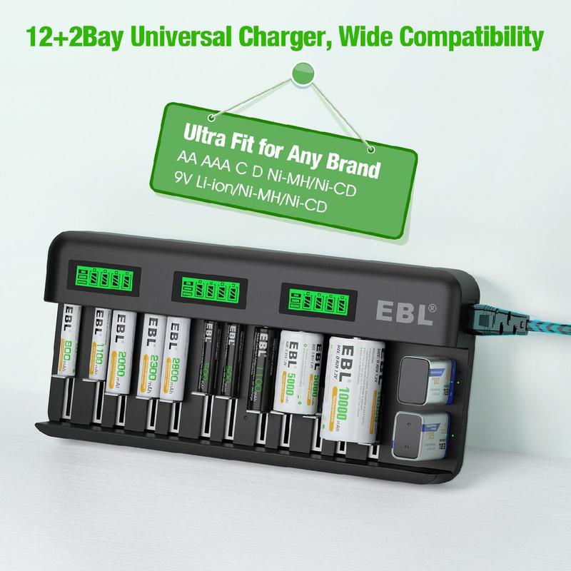 EBL 12+2 Bay Universal Battery Charger and 1.2V AA AAA Ni-Mh Rechargeable Batteries