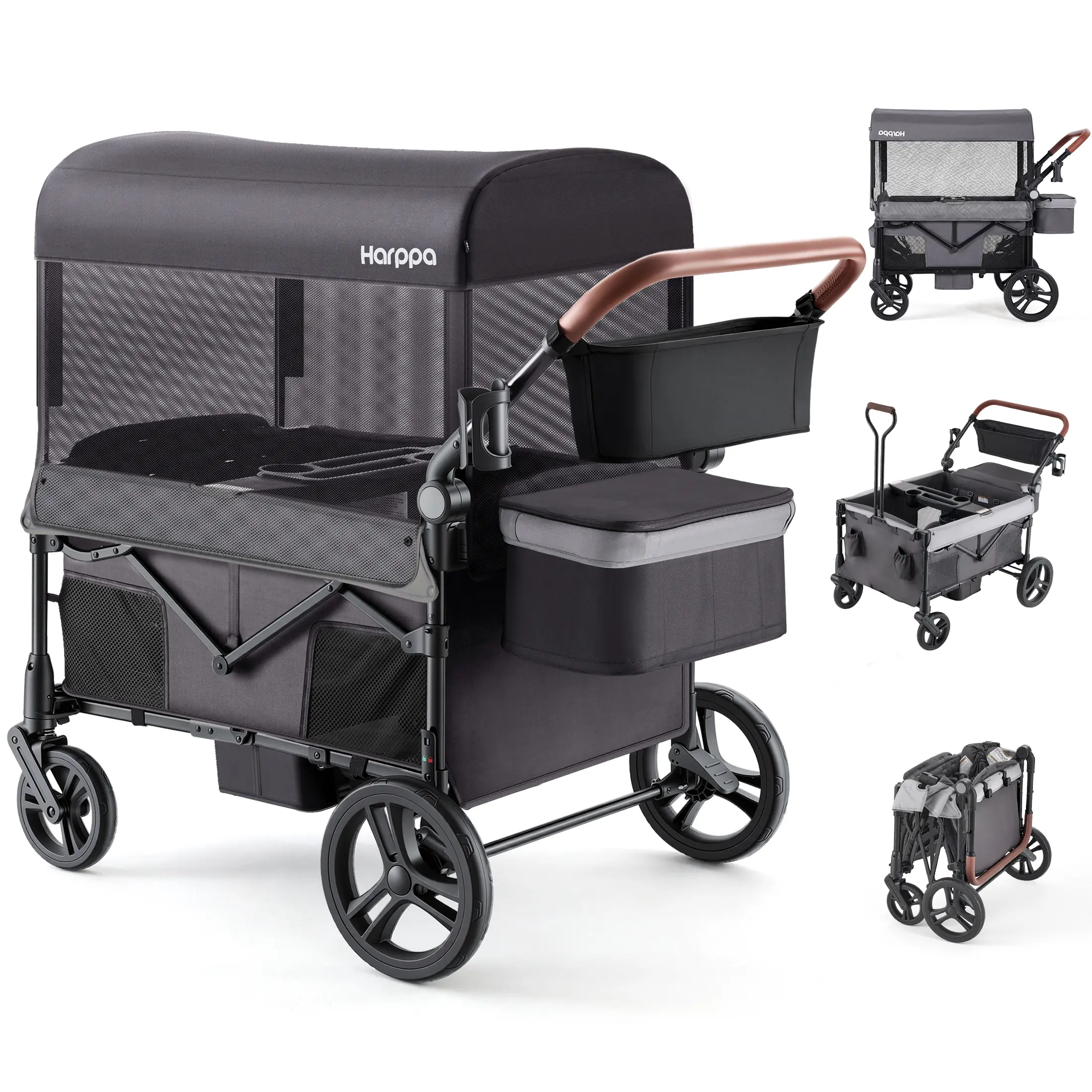 [ backtoschool ] HARPPA All-Terrain Wagon Stroller for 2 with Canopy, Foldable 2-Seat Strollers for Babies, 4 Seats Wagon for Outdoor & Beach, Adjustable Push & Pull Handle, Footwell & Large Storage