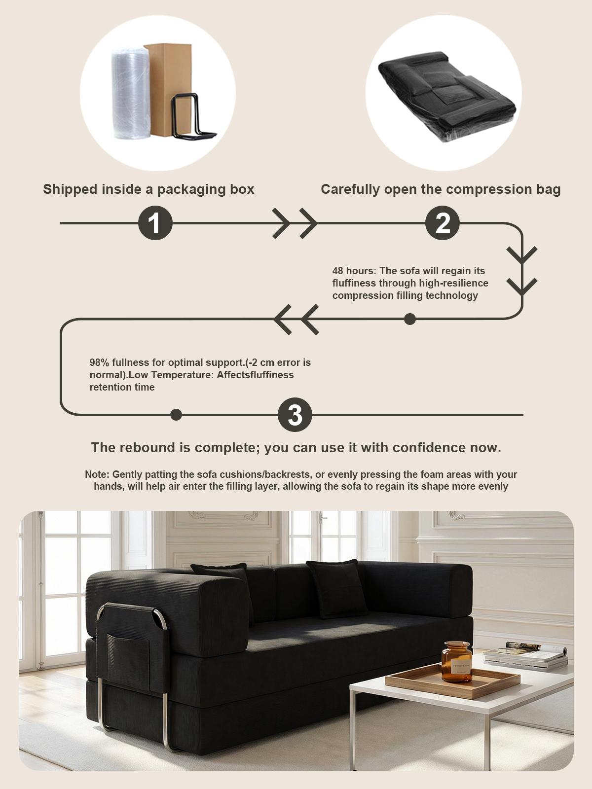 Compressed sofa, 79-inch convertible sofa bed, fixed frame, removable armrests, modular corduroy sofa bed, folding mattress sofa, suitable for small spaces - no assembly required, includes two pillows, black.