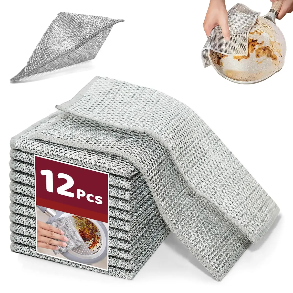 12 Pcs New Upgrade Steel Wire Dishcloth, Double-Layer Steel Wire Cleaning Cloth,Powerful Cleaning Non-Scratch Wire Dishcloth Rag Multipurpose Wire Dishwashing Rag for Wet and Dry, Kitchen Cleaning DishRags,Sinks,Dishes,Stove Top, Dimensions(7.08X8.86)