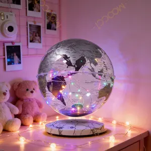 Magnetic Levitation Floating 8 inch Silver Earth Globe Lamp with RGB LED 360° Rotating Transparent Marble Base Openable for Figurines Romantic Valentine’s Day Gift