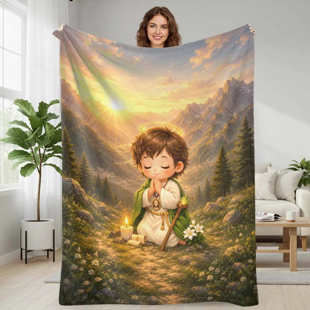 1-Piece Angel Prayer Flannel Blanket - Soft Flannel Fabric, Cozy Look, Lightweight Plush, Multi-Size, Sunrise Mountain Cross Candle Lily Print, for Home, Living Room, Bedroom, Church Gift, Room Decor