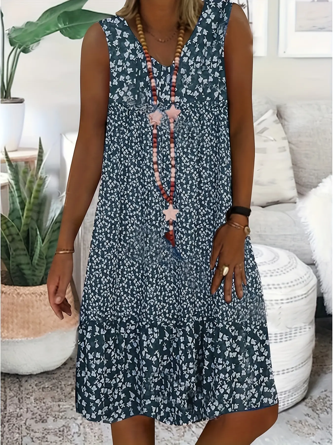 New Summer Collection V-Neck Sleeveless Dress with Printed Design