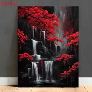 2D Flat 1pc Framed Canvas Wall Art-Stunning Crimson Waterfall Landscape Painting, Wooden Frame Home Decor for Living Room, Bedroom, Office, Thickened High-Quality Canvas, Vibrant Wall Art for Modern& Classic Room Decor, Ready to Hang, 2D Flat	