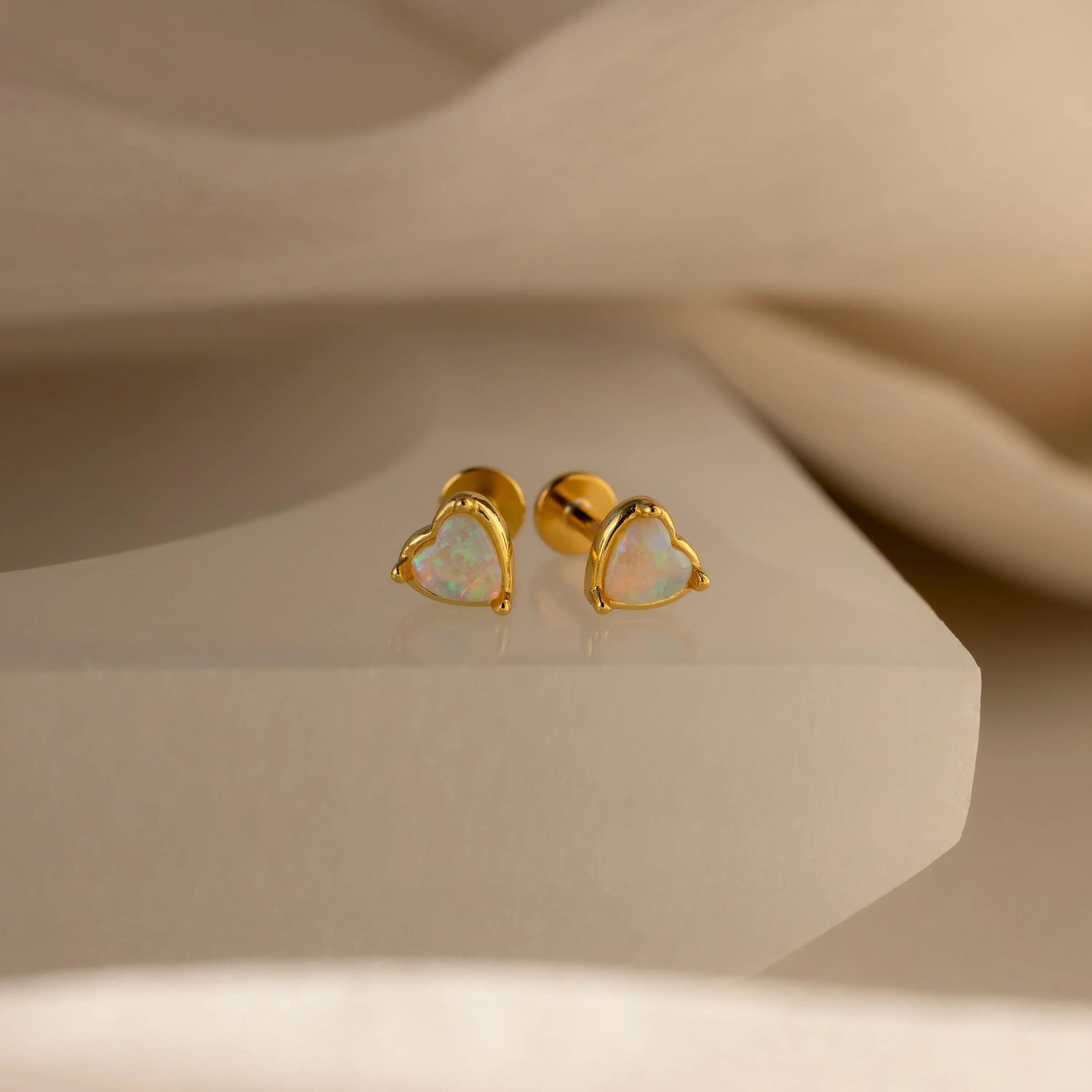 Opal Heart Flat Back Studs by Caitlyn Minimalist - Cute Everyday Gemstone Stud Earrings - Birthstone Jewelry - Daughter Gift