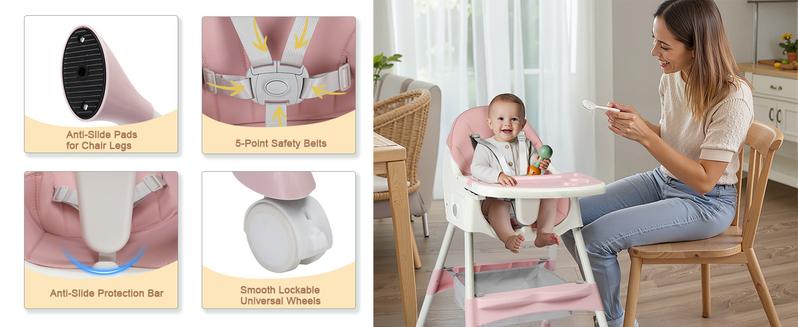 Foldable Baby High Chair, 2-in-1 Portable Convertible Highchair with Removable Dual-Layer Tray, 5-Point Safety Harness and Storage Bag for Toddlers & Babies