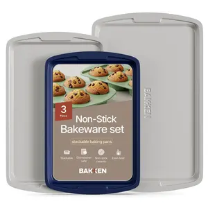 Bakken Swiss - Set of 3 Cookie Trays, Non-Stick, Stackable Baking Trays, Luxury Ceramic Coating, Dishwasher Safe, for Home Baking