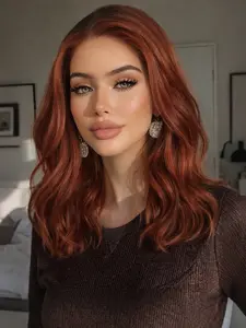 MACA BAKA Ella Auburn Red Layered Short Ombre Highlight Lace Front Wig with Scandinavian Hairline Low Density 14 Inches Natural Wavy Mixed Copper Brown HD Synthetic Lace Front Wigs for Women Pre Plucked