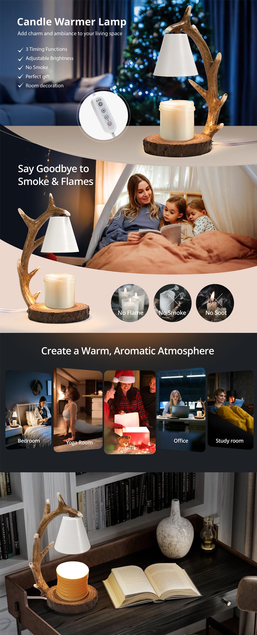 Deer Antlers Wax Melting Lamp, Handcrafted with Adjustable Brightness and Timer Function, Makes a Perfect Christmas Gift with 2 Bulbs