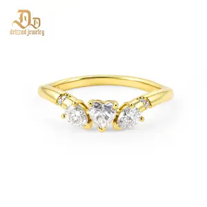 Delzzad 0.9ct Golden Triad of Love Ring Three Stone Heart Promise Ring Engagement Ring VVS Synthetic Moissanite Ring Jewelry Copper Band Perfect Birthday Engagement Wedding Anniversary Christmas Valentine's Day Mother's Day Gift