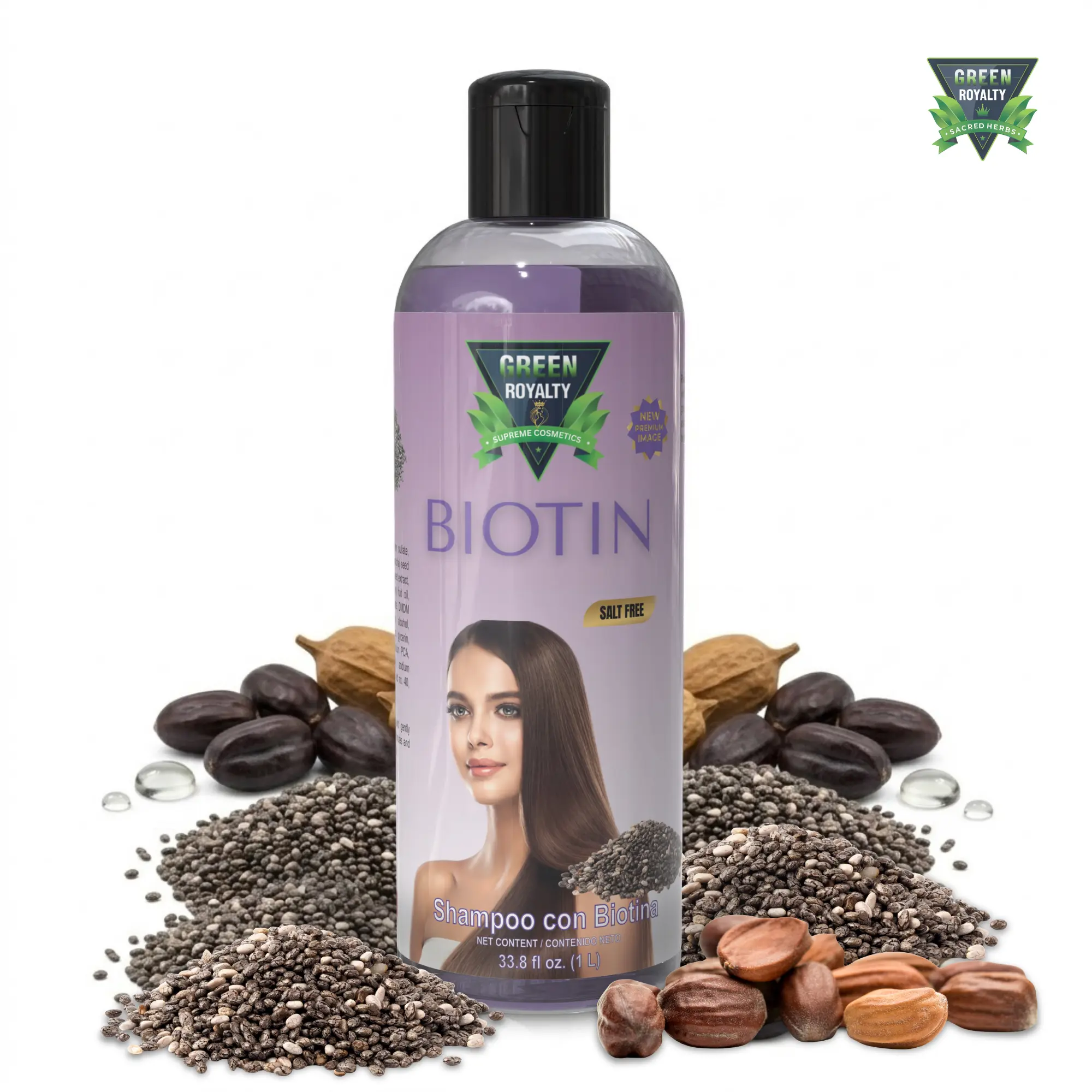 Green Royalty Natural Biotin Shampoo with Chia & Jojoba Oil for Extra Shine, Sulfate-Free Cleansing for All Hair Types, 32 oz, Natural Shampoo, Natural Ingredients