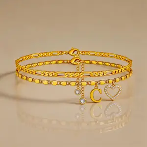 Adjustable Double Layer Gold Anklets Set for Women Letter Heart Charm Boho Summer Jewelry Tarnish Resistant