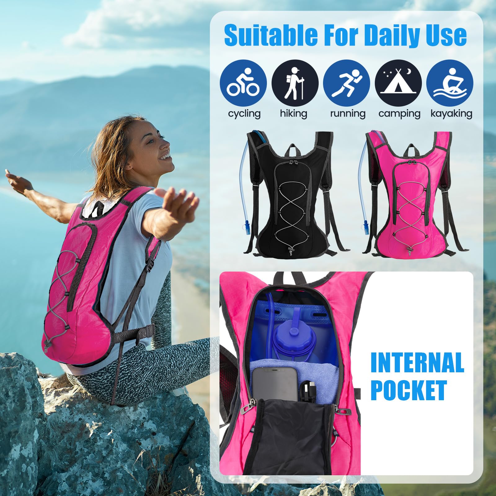 2pcs Running Hydration Vest - Lightweight Insulated Hydration Backpack with 2L Water Bladder, Adjustable Chest Straps and Reflective Water Backpack for Trail Running Marathon Race Hiking Cycling