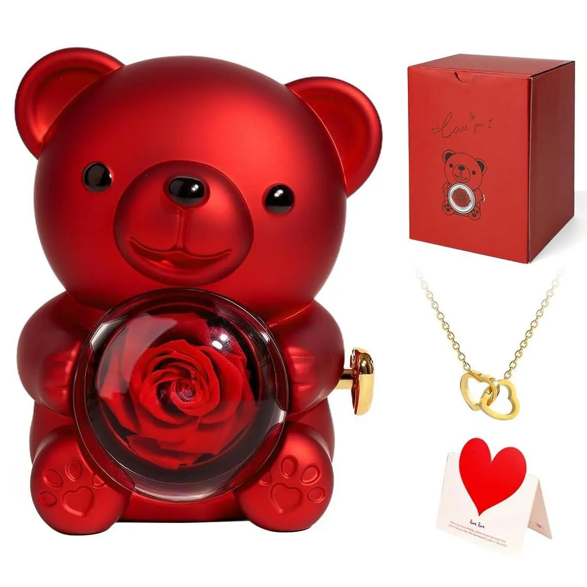 【Necklace Included】Cute Teddy Bear with Preserved Rose -A Real Rose Flowerin Bear with Elegant Gift Box -Romantic Gift for Her in Mother's Day, Weddings, Anniversaries, and Bridal Showers,Christmas and Valentine's Day gifts
