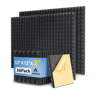 36 Pack Self-Adhesive Acoustic Foam Panels, 12 x 12 x 2 Inches High Density Pyramid Sound Proof Foam Panels for Walls, Fire Resistant Soundproof Wall Panels for Home Office & Studio (Black)