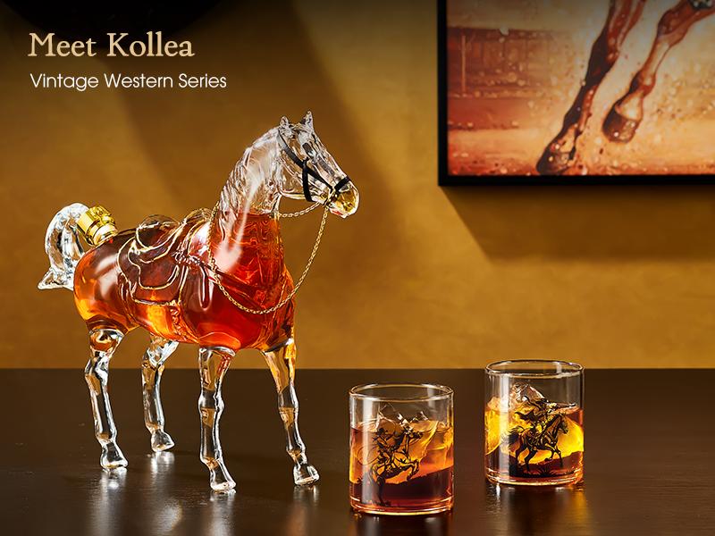 Valentine's Day Gifts,Kollea Horse Shaped Whiskey Decanter Set with 2 9.8oz Cowboy Glasses, 67oz Decanter, Western Cowboy Design, Premium Artisan Glassware, Ideal for Home Bar, New Year Gift for Him, Husband, Boyfriend, Brother, Anniversary Classic