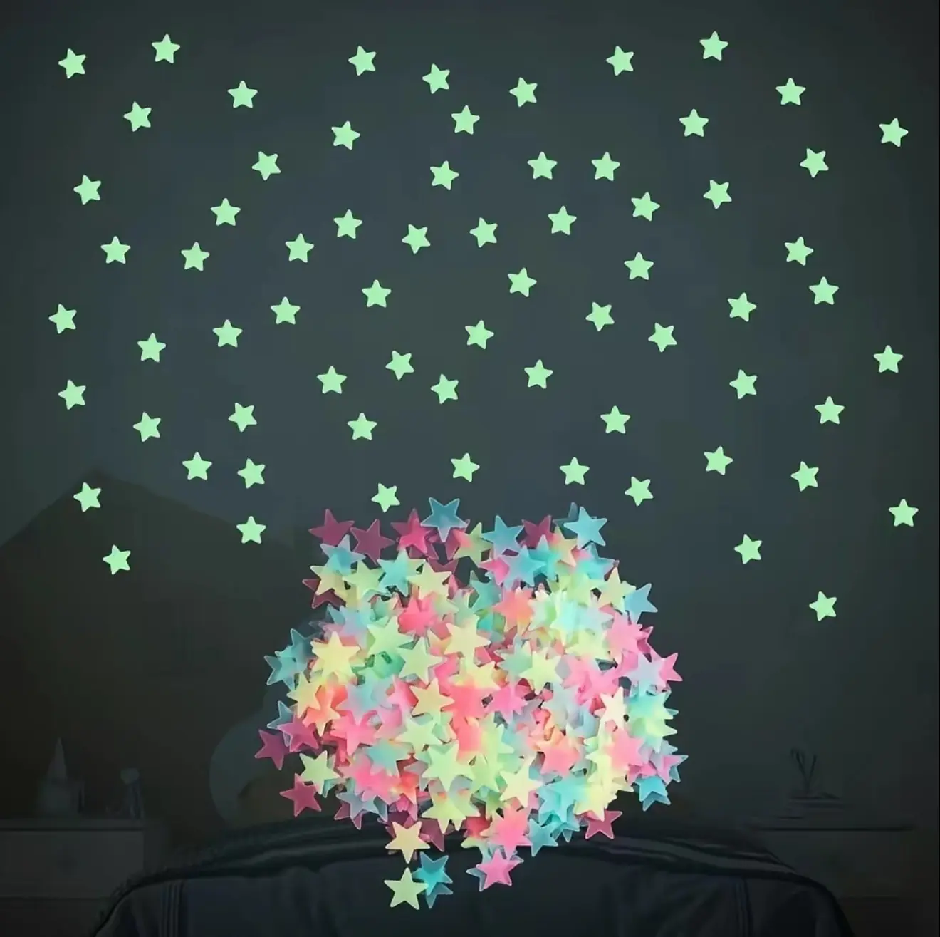 300PCS Mixed Color Glow-in-the-Dark 3D Plastic Decorative Wall Stickers, Easy-to-Use Easy-Remove Contemporary 3D Stars for Kids’ Bedroom Ceiling, Easter Home Decor Gift