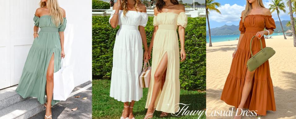 ZESICA Women's 2026 Boho Sexy Off Shoulder Short Sleeve Smocked Side Split Flowy A Line Tiered Long Maxi Dress with Pockets ZESICA Women's 2026 Boho Sexy Off Shoulder Short Sleeve Smocked Side Split Flowy A Line Tiered Long Maxi Dress with Pockets