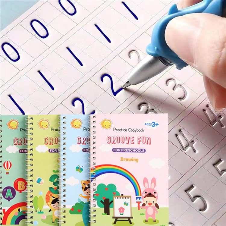 Reusable Grooved Handwriting Workbook for Kids, Learning Materials, 4 Books–Early Elementary, Covers Math, Words, Drawing –Gift for Children Reusable Grooved Handwriting Workbook for Kids, Learning Materials, 4 Books–Early Elementary, Covers Math, Words, Drawing –Gift for Children
