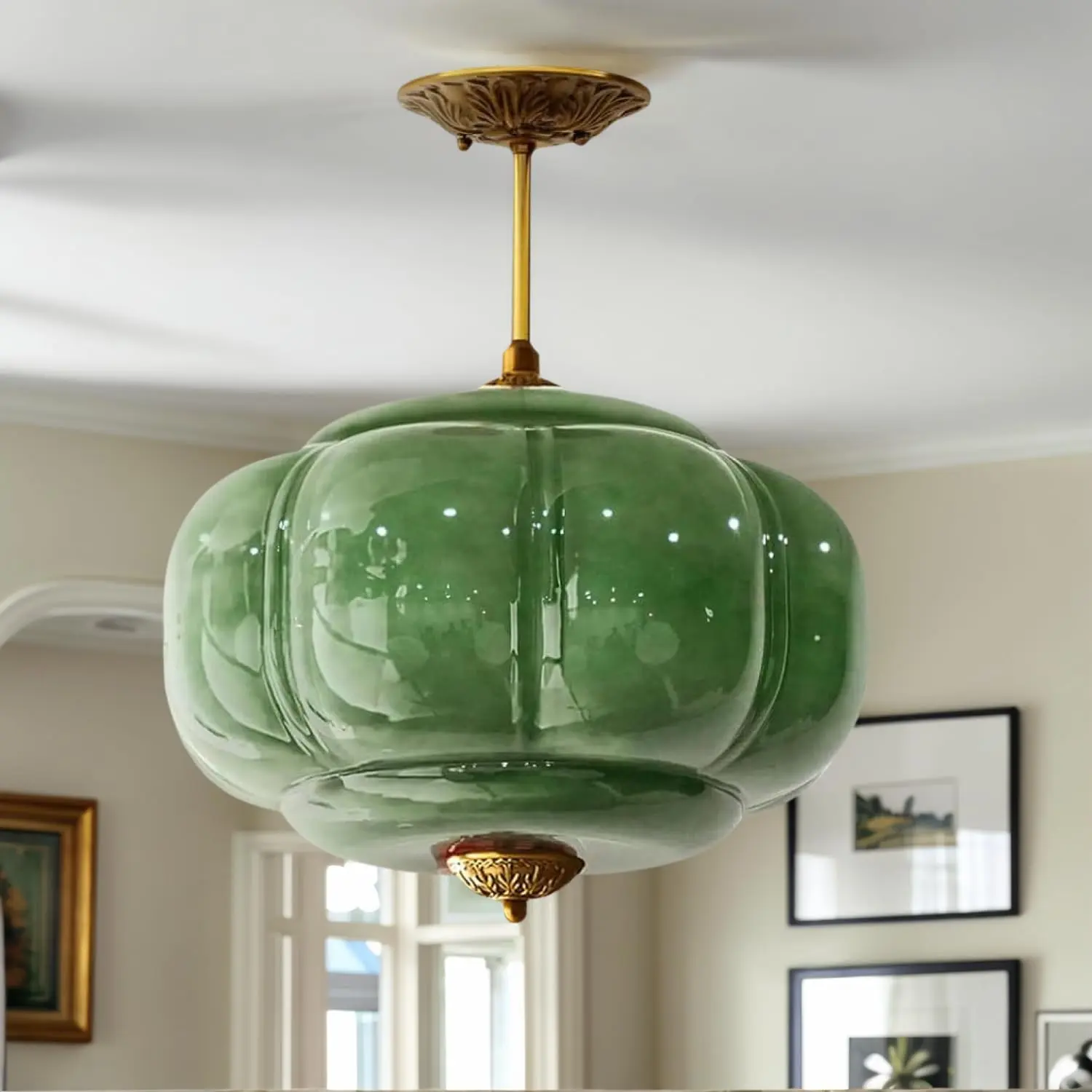15 Inch Green Vintage Chandelier,Green Glass Ceiling Light Fixture with Gold Finish,Antique Pendant Lights Kitchen Island,Art Deco Hanging Lights for Bedroom Living Dining Room Hallway