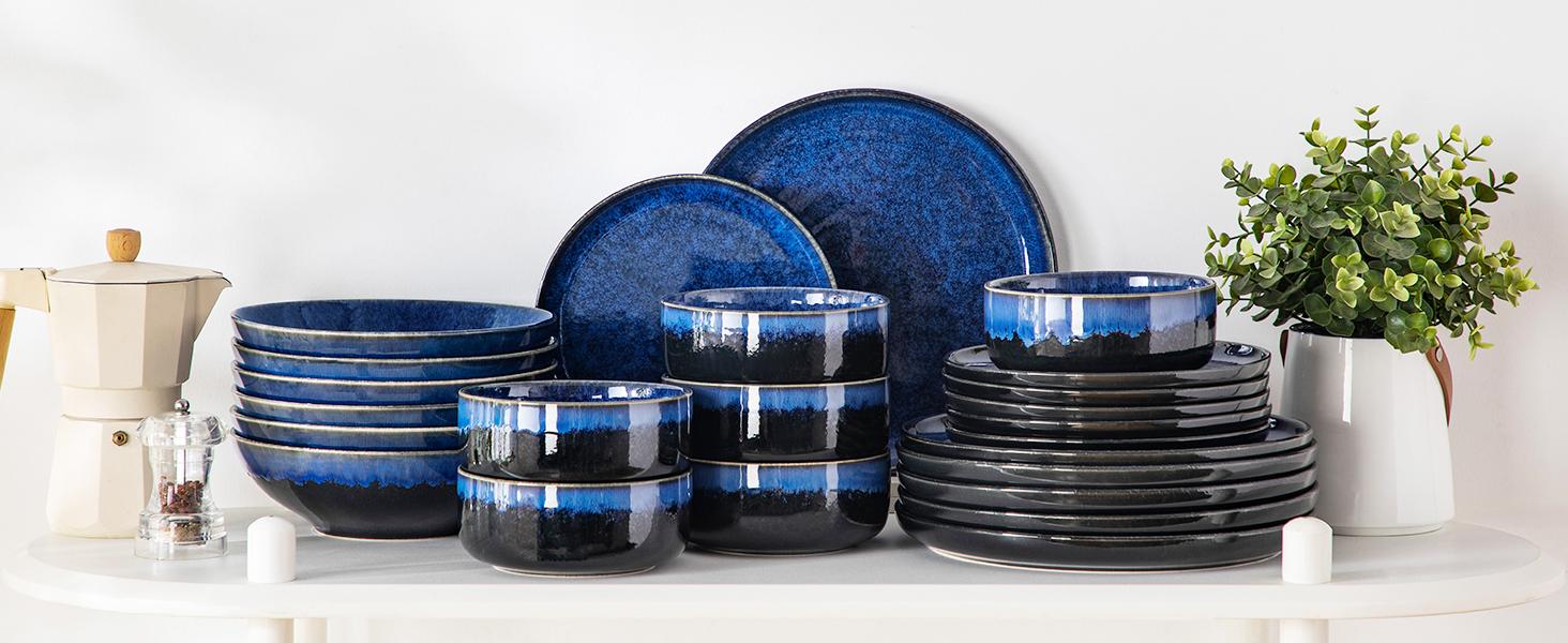 Vancasso Starry Lipped-Edge Piece Dinnerware Set, Reactive Glaze Plates & Bowls Set, Stoneware Set, Dishwasher, Microwave Safe, Cutlery Tableware set, Includes Dinner Plates, Dessert Plates, Soup Plates and Cereal Bowls