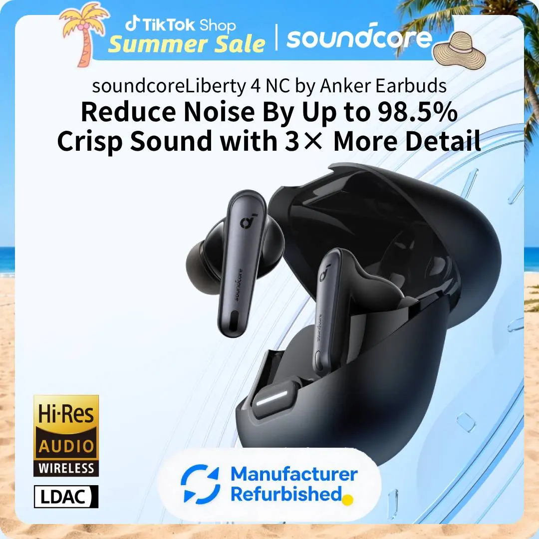 [Refurbished]soundcore by Anker Liberty 4 NC Wireless Earbuds, 98.5% Noise Reduction, Adaptive Noise Cancelling to Ears and Environment, Hi-Res Sound, 50H Battery, Wireless Charging, Bluetooth 5.3, Headphone, Audio #tiktokshopsummersale, Bluetooth Headpho