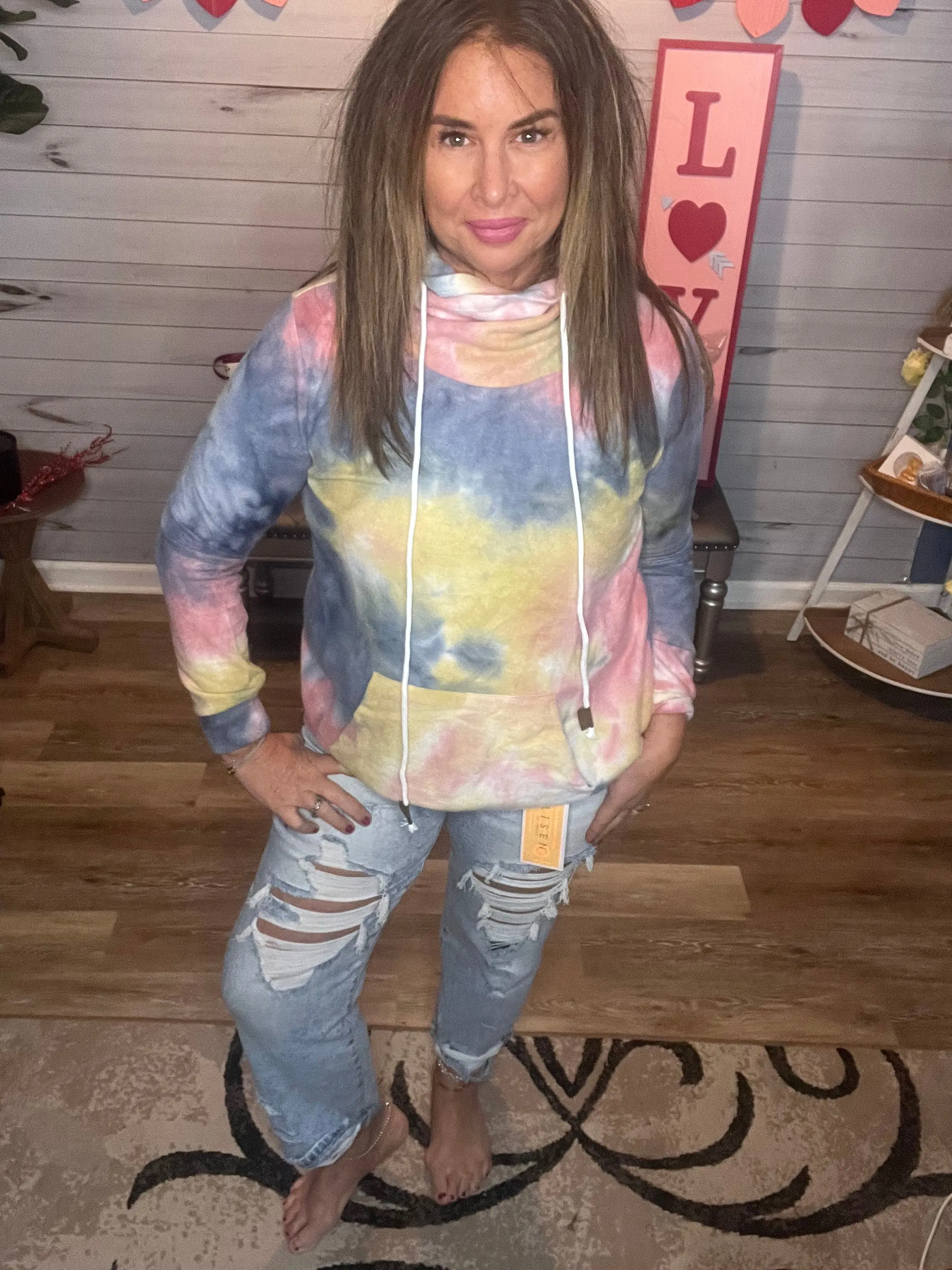 Women's Soft Tie-Dye Pullover Hoodie with Unique Overlap Neck, Comfy Long Sleeve Sweatshirt Tops for Cozy Wear