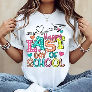 Happy Last Day Of School Print T Shirt White Casual Short Sleeve Tee For Women School Celebration Party Wear