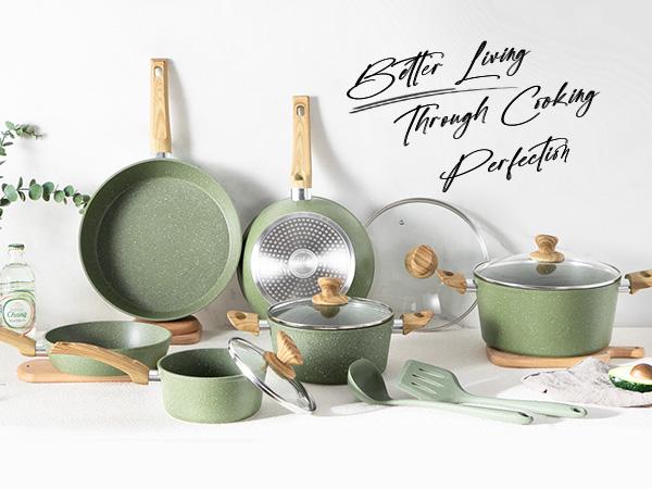 [Live] Kitchen Academy Green 12-Piece Non-Stick Cookware Set - Granite Pots & Pans with Silicone Utensils - Induction Compatible - Green Cookware Set, Halloween Gift