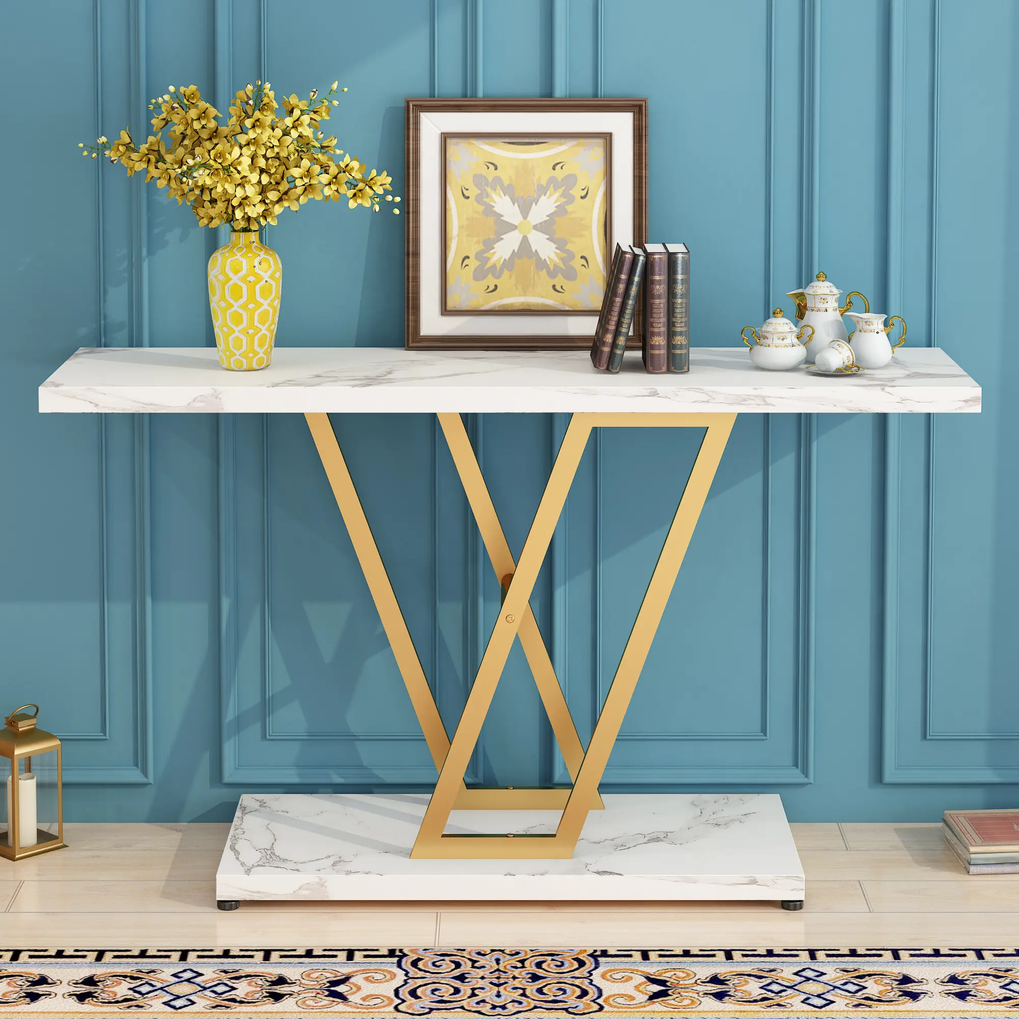 42-Inch Faux Marble Console Table with V-Shaped Gold Metal Legs, Narrow Entryway Table with Thick Bottom Base for Living Room