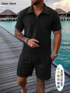Clean Gent men’s textured polo shirt, casual short-sleeve zip-front top suitable for summer, stylish everyday menswear, understated elegance