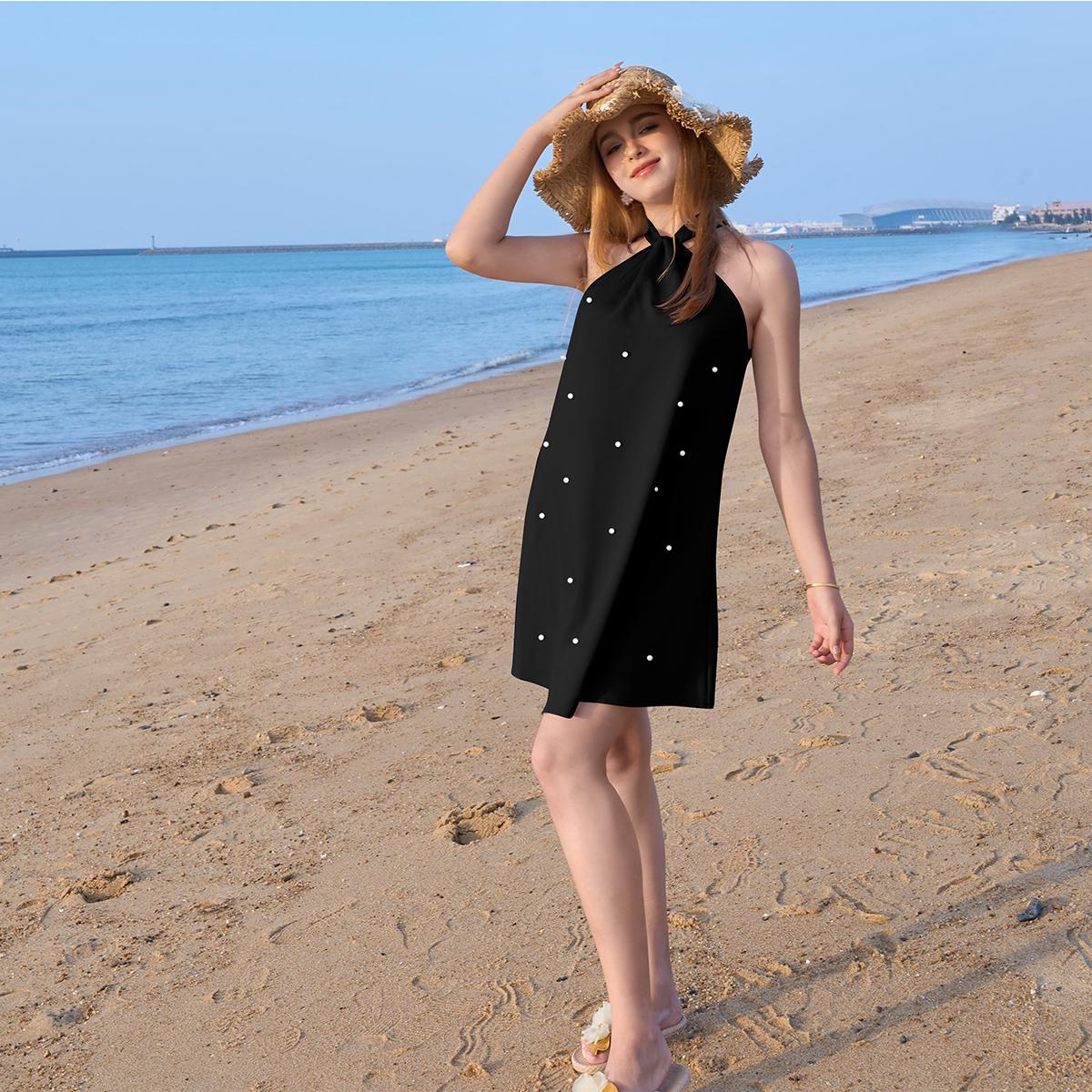 HYZ Women's Pearl Beaded Halter Twist Sleeveless Tie Back Dress A Line Dress HYZ Women's Pearl Beaded Halter Twist Sleeveless Tie Back Dress A Line Dress