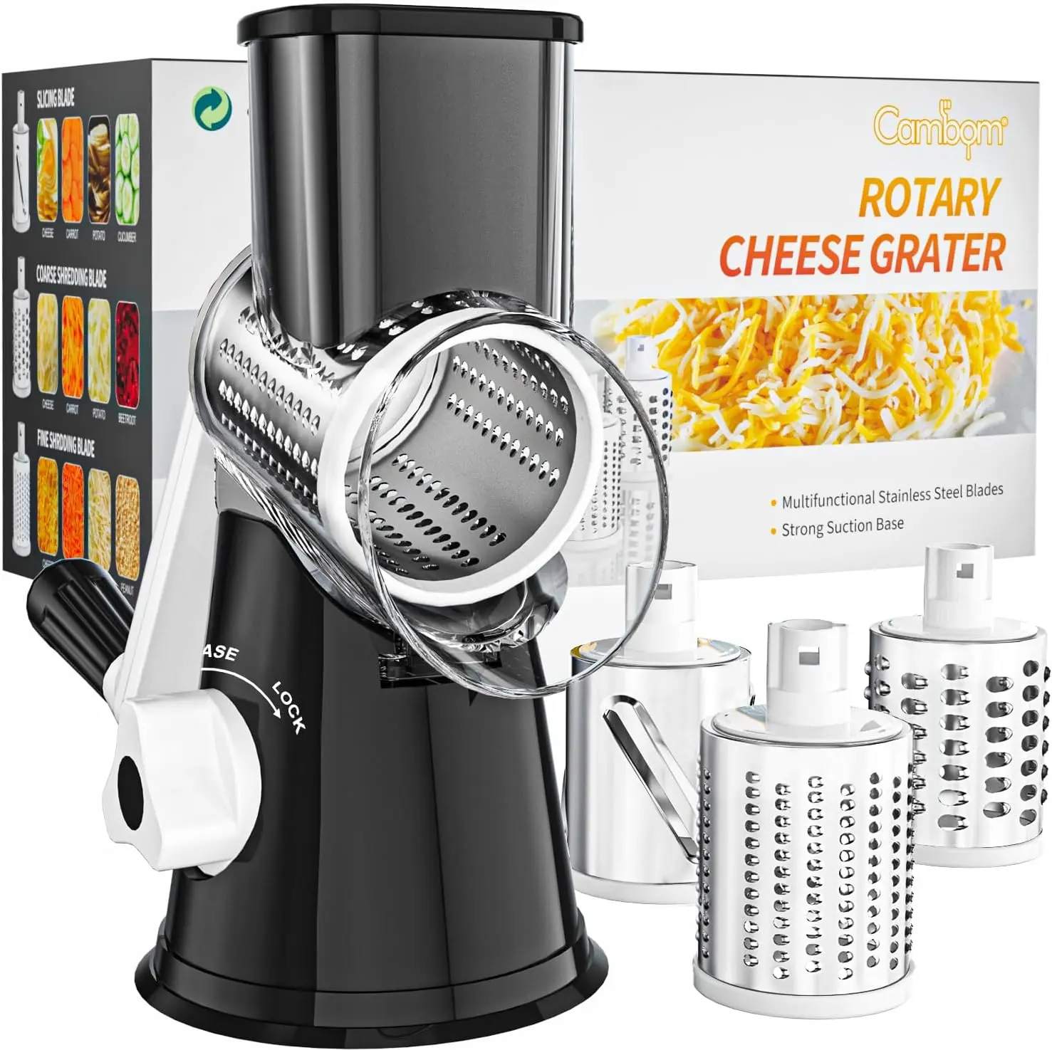 Cambom Rotary Cheese Grater Hand Crank Cheese Shredder for Fresh Cheese, Vegetable, Nuts,Non-slip Suction Base, Free Cleaning Brush Three Blades